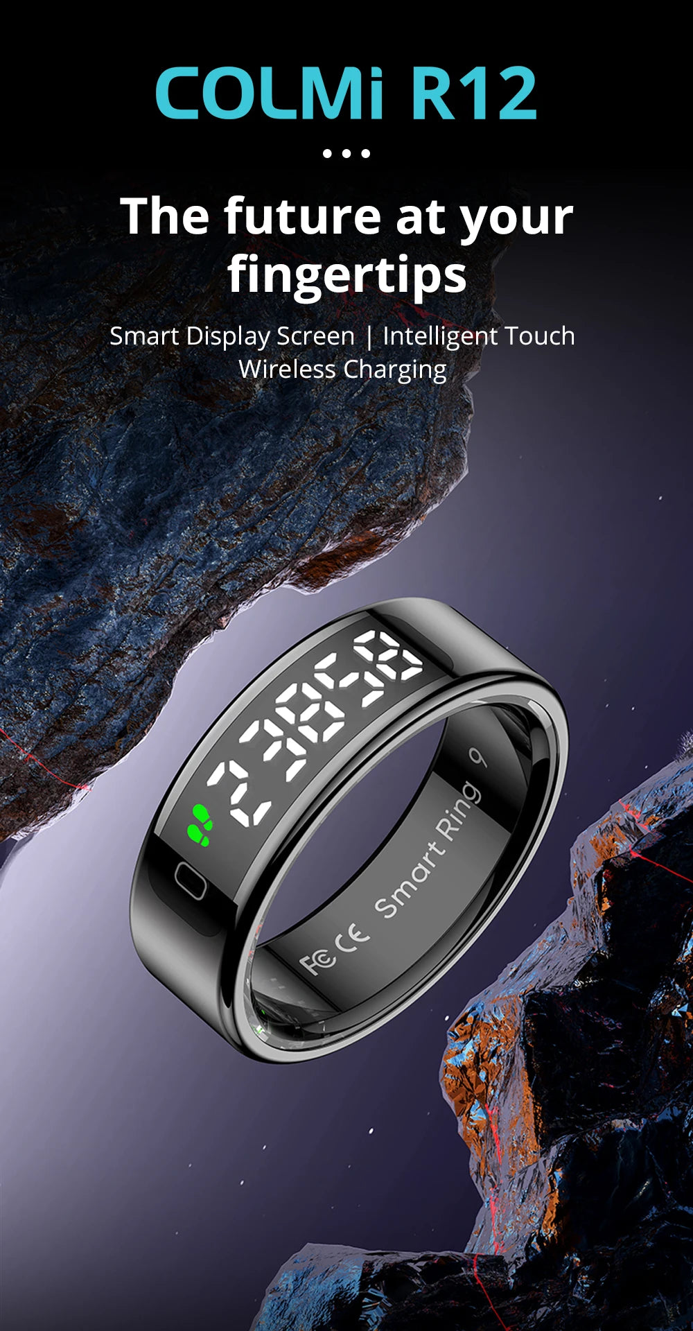 COLMI R12 Smart Ring with Touch Display, Wireless Charging, Health & Fitness Tracker, 5ATM Waterproof for Men & Women