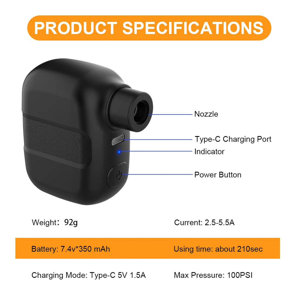 Portable Electric Bike Pump – 100PSI Rechargeable Inflator with Type-C, Compatible with Schrader & Presta Valves