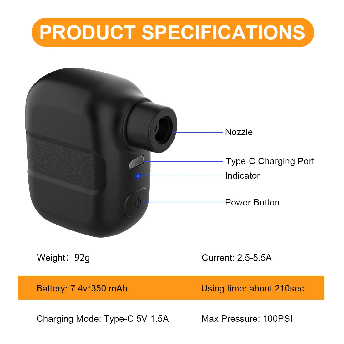 Portable Electric Bike Pump – 100PSI Rechargeable Inflator with Type-C, Compatible with Schrader & Presta Valves