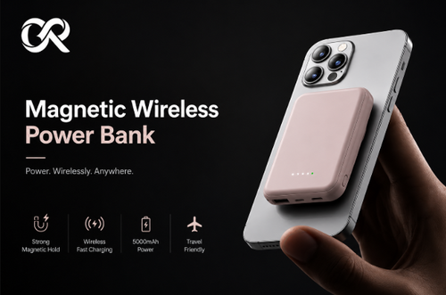 CCEM™ Premium Magnetic Wireless Power Bank attached to a smartphone featuring fast wireless charging, strong magnetic hold, 5000mAh portable battery, and ultra-slim matte black premium design.